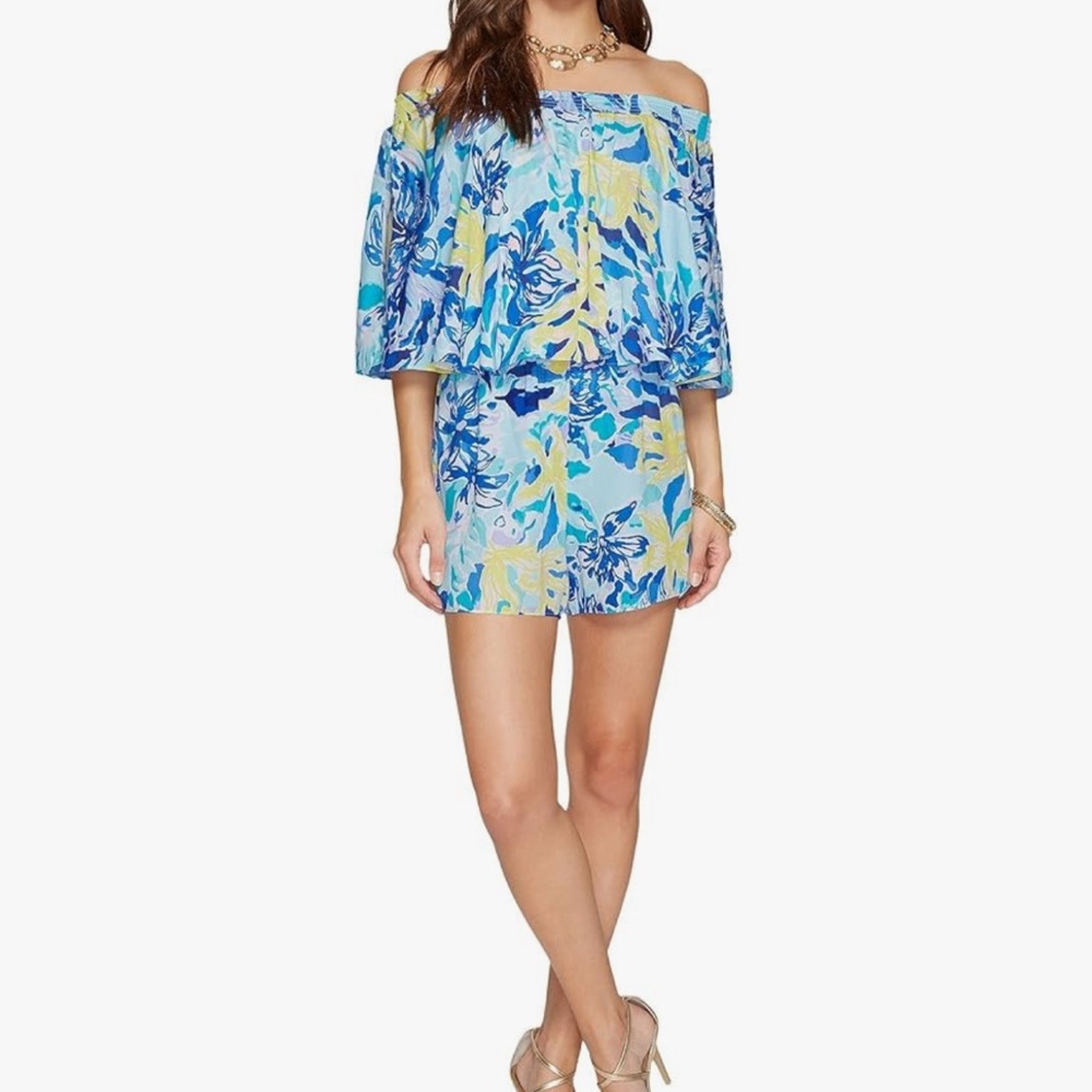 Lily Pulitzer Vibrant Blue and Yellow Off-Shoulder Romper with Flutter Sleeves
